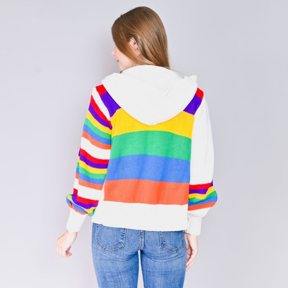 VINTAGE Rainbow Knit Zipper Sweater with Hood 70s Unique Rare Pullover - Picture 4 of 8